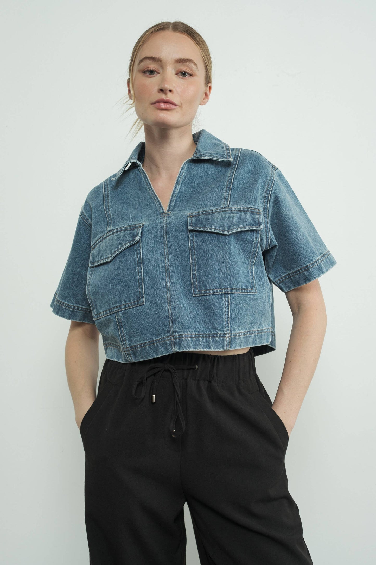 DENIM CROP TOP WITH POCKET