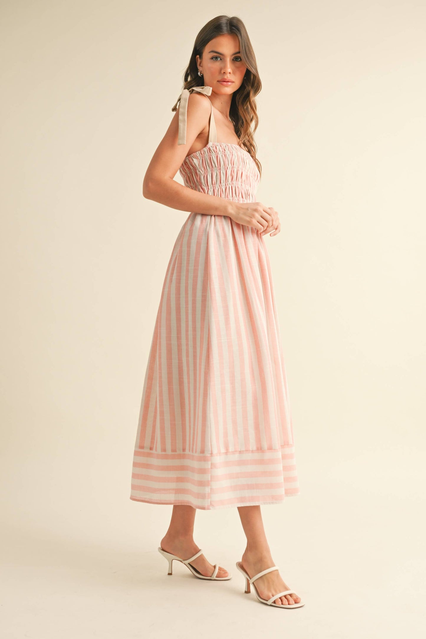 ID8938  STRIPED CHEVRON WAIST SMOCKED TOP TIE STRAP MIDI