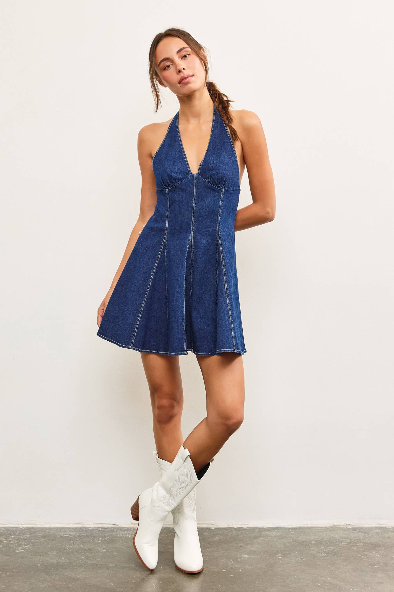 OPEN PLEATS HALTER NECK DENIM DRESS