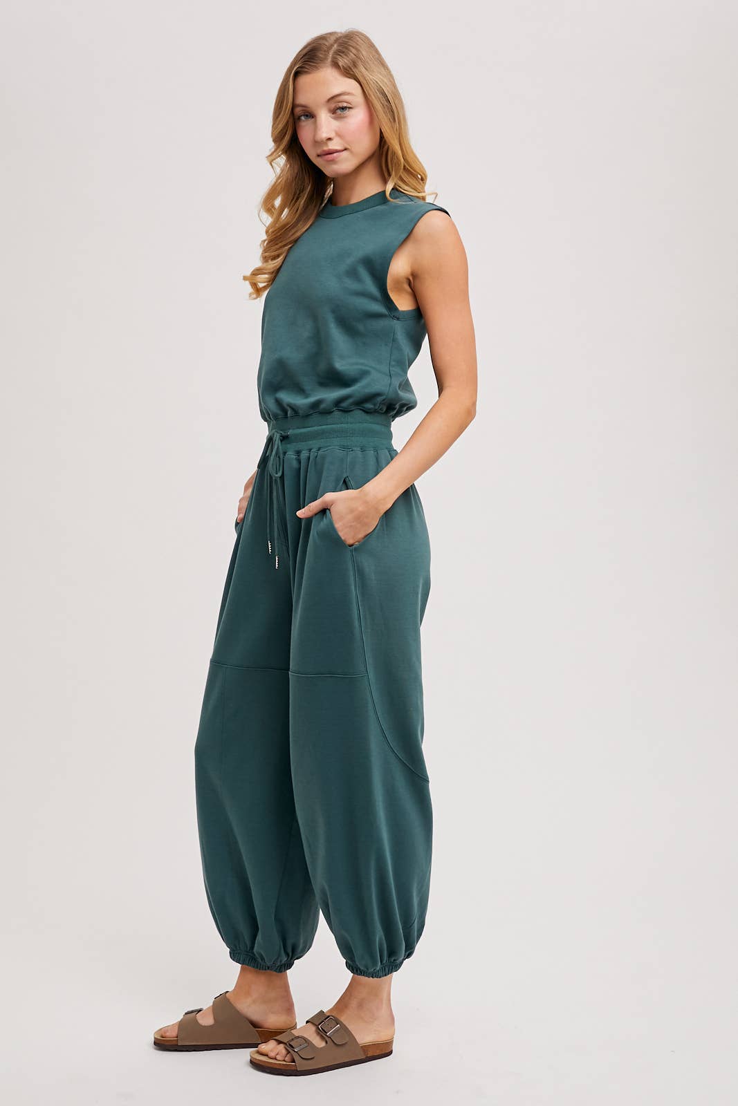 DRAWSTRING WAIST SLEEVELESS KNIT ACTIVE JUMPSUIT