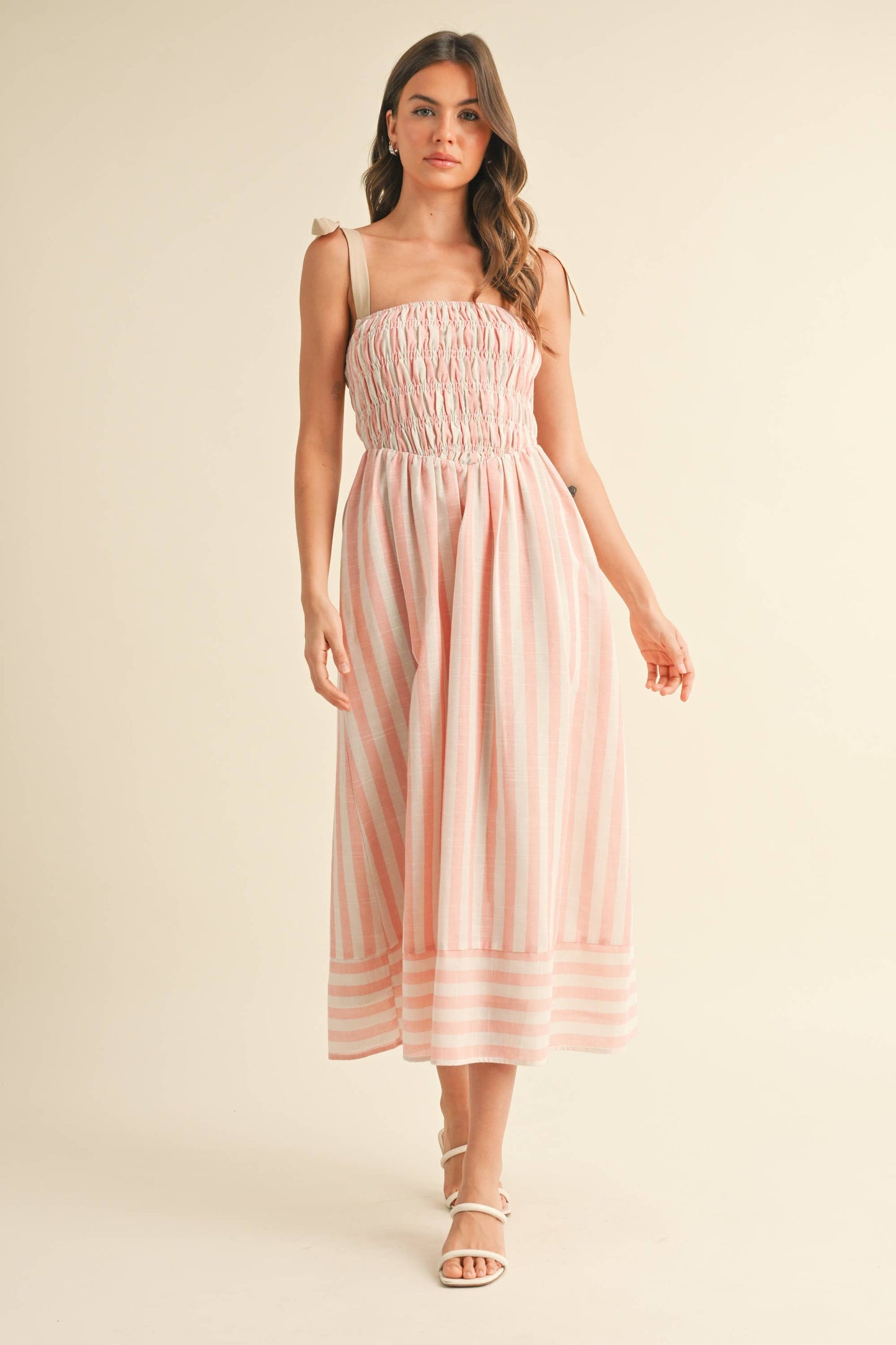 ID8938  STRIPED CHEVRON WAIST SMOCKED TOP TIE STRAP MIDI