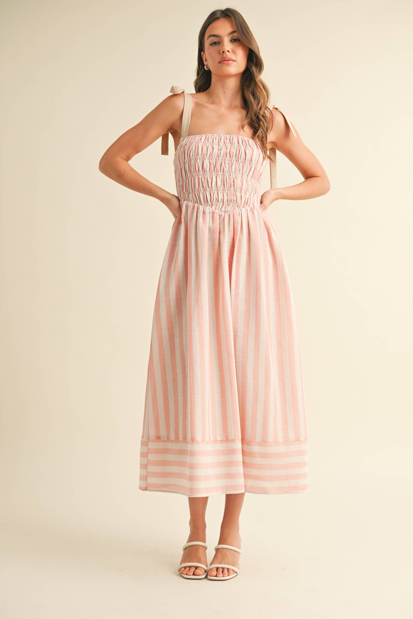 ID8938  STRIPED CHEVRON WAIST SMOCKED TOP TIE STRAP MIDI