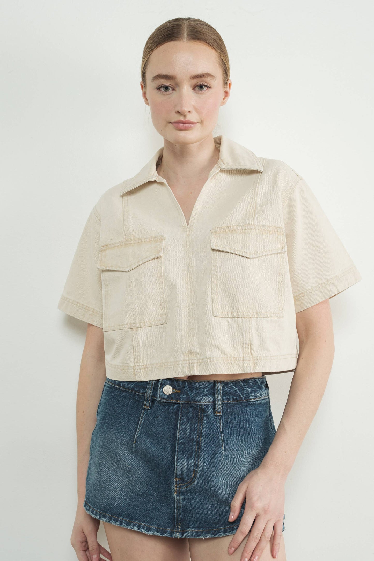 DENIM CROP TOP WITH POCKET