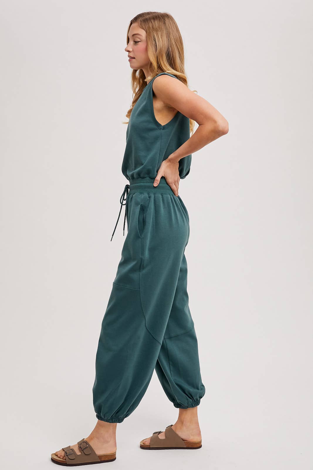 DRAWSTRING WAIST SLEEVELESS KNIT ACTIVE JUMPSUIT