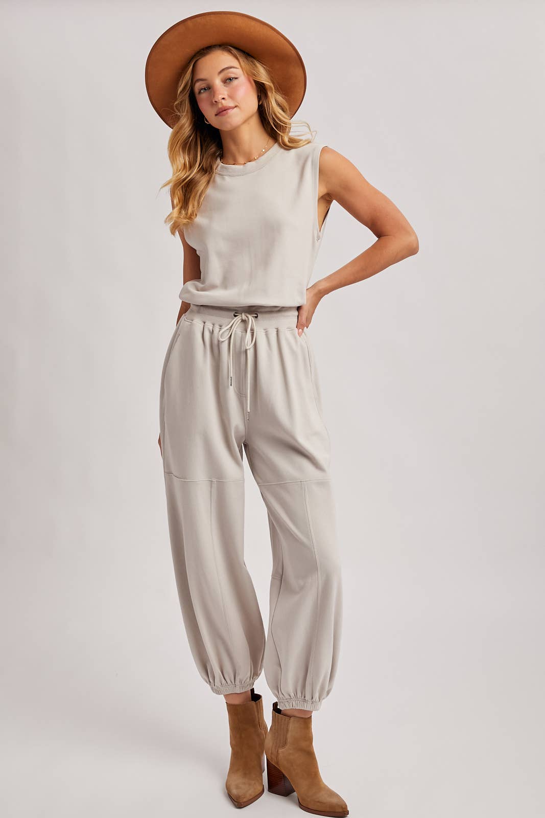 DRAWSTRING WAIST SLEEVELESS KNIT ACTIVE JUMPSUIT