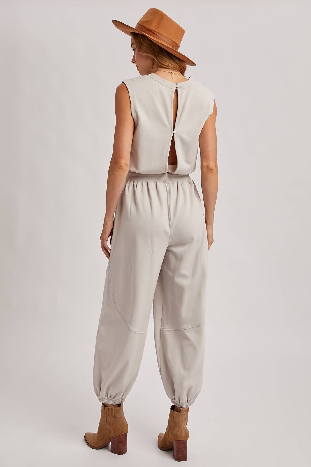 DRAWSTRING WAIST SLEEVELESS KNIT ACTIVE JUMPSUIT