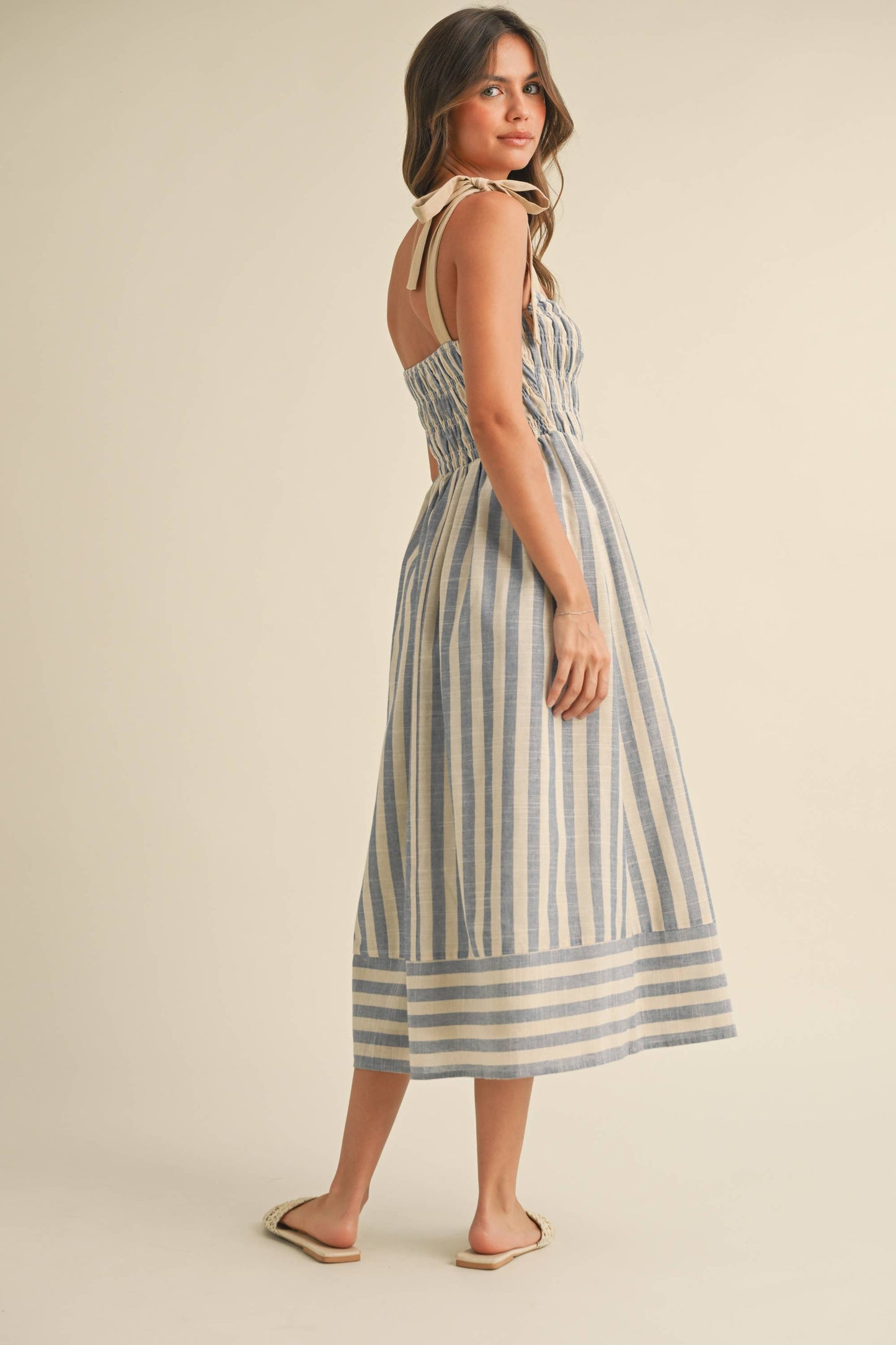 ID8938  STRIPED CHEVRON WAIST SMOCKED TOP TIE STRAP MIDI