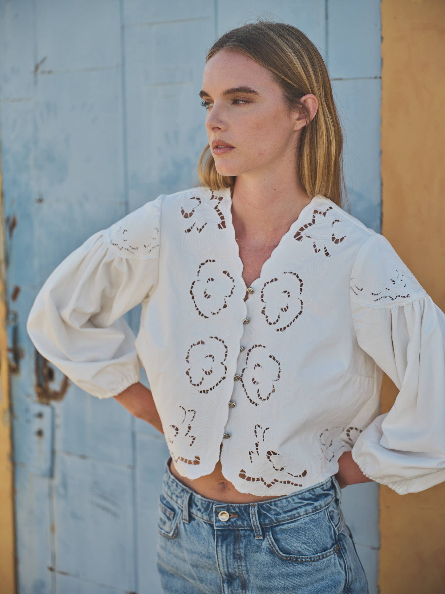 DENIM EMBROIDERY VOLUME SLEEVE BLOUSE TOP
