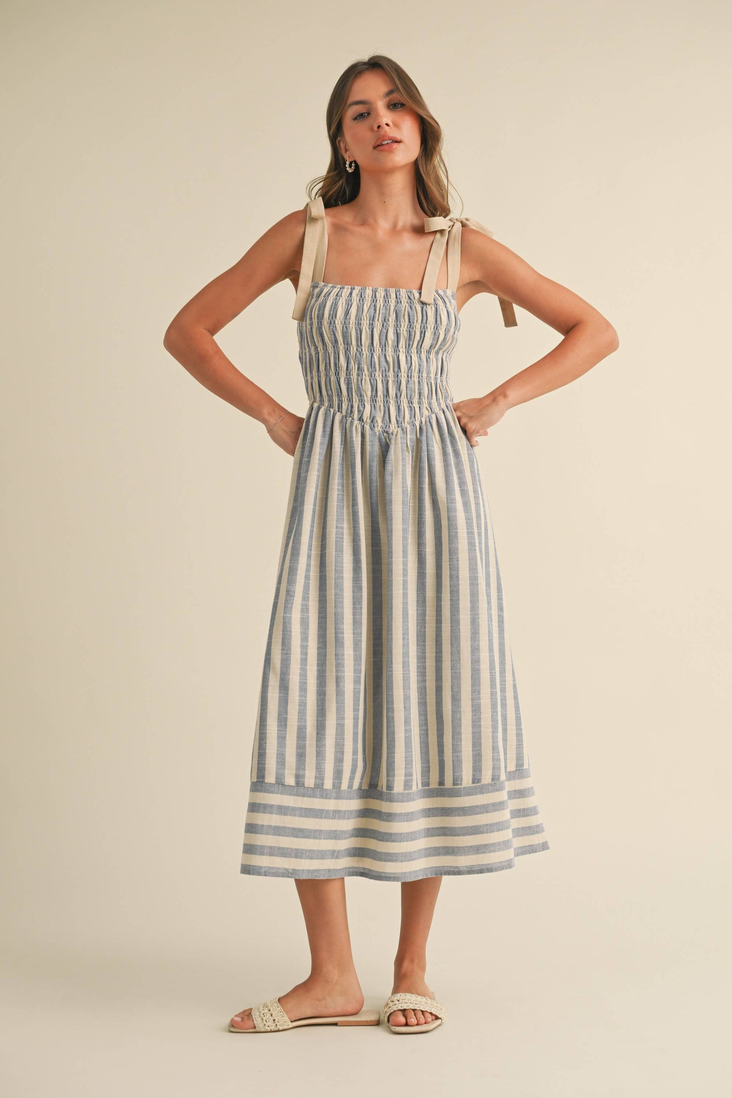 ID8938  STRIPED CHEVRON WAIST SMOCKED TOP TIE STRAP MIDI