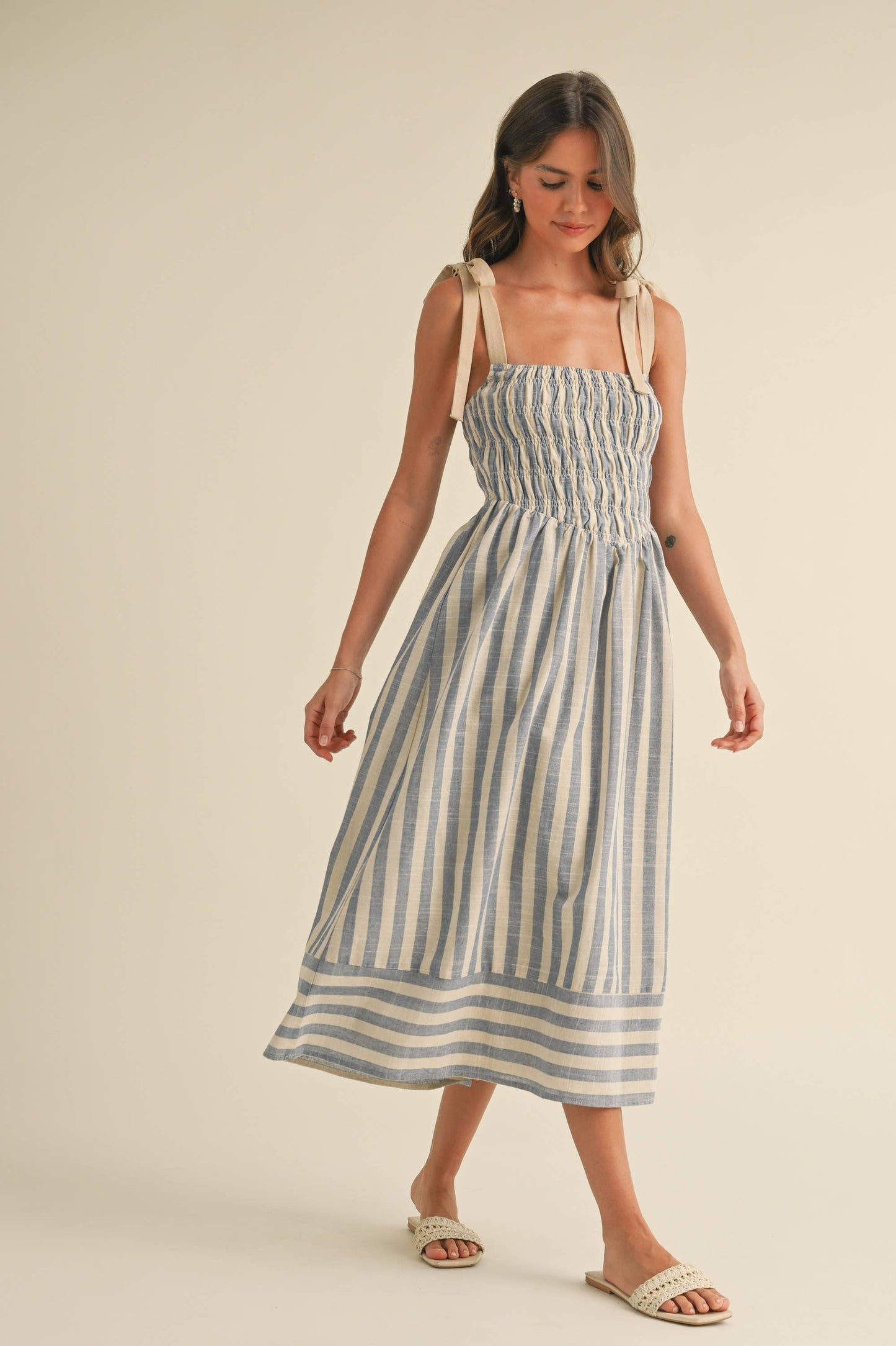 ID8938  STRIPED CHEVRON WAIST SMOCKED TOP TIE STRAP MIDI