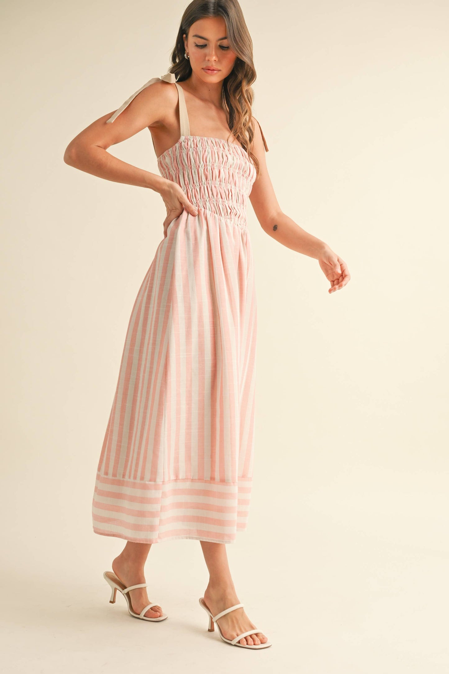 ID8938  STRIPED CHEVRON WAIST SMOCKED TOP TIE STRAP MIDI