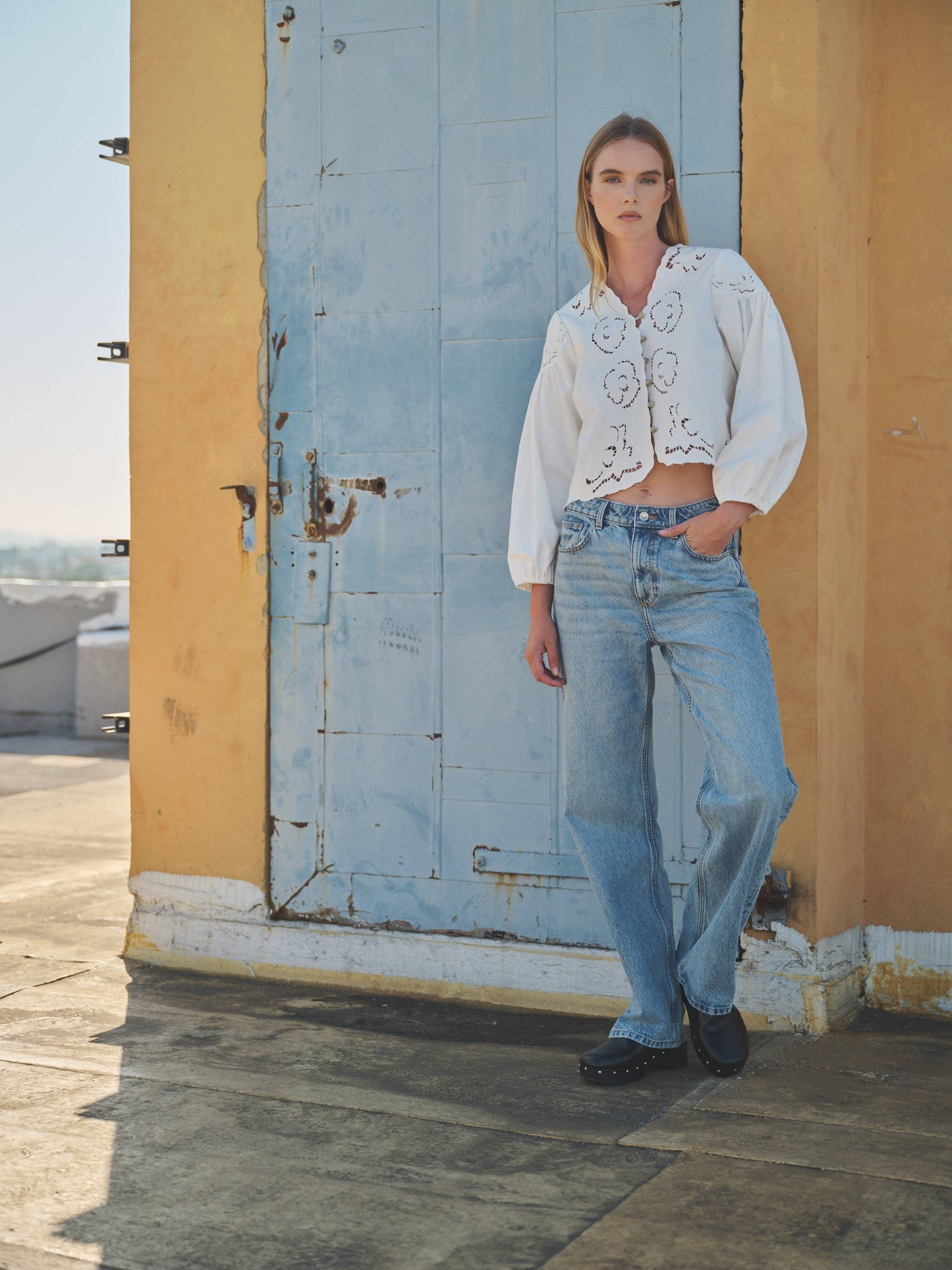 DENIM EMBROIDERY VOLUME SLEEVE BLOUSE TOP