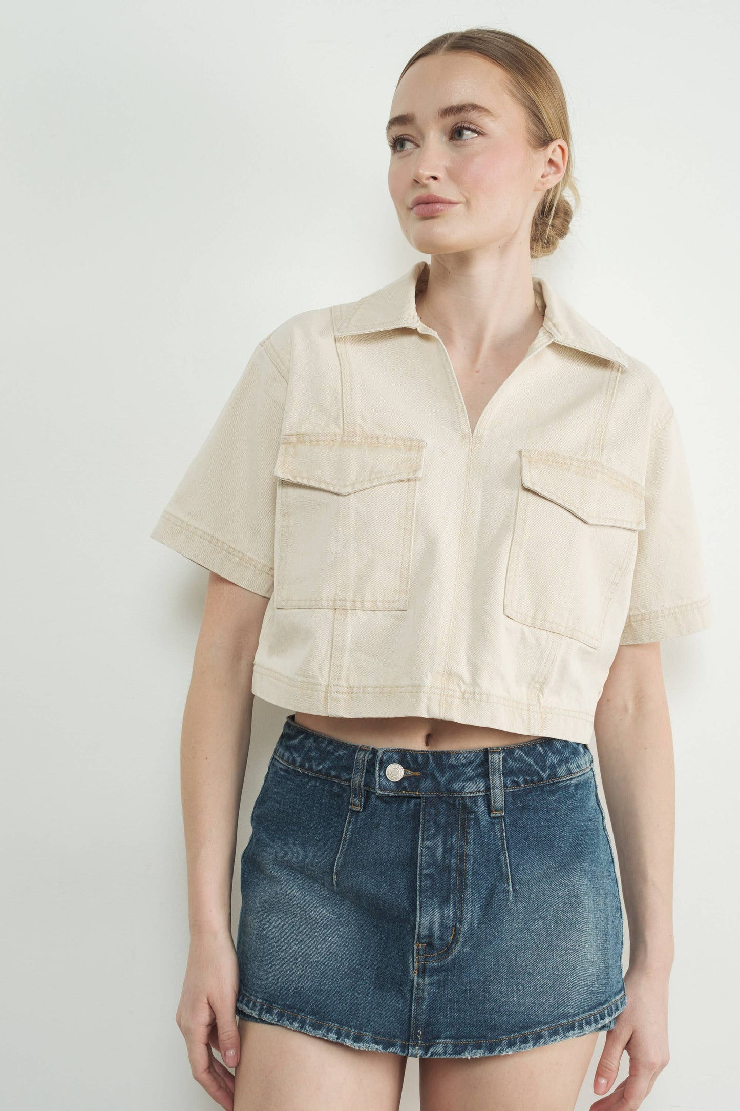 DENIM CROP TOP WITH POCKET