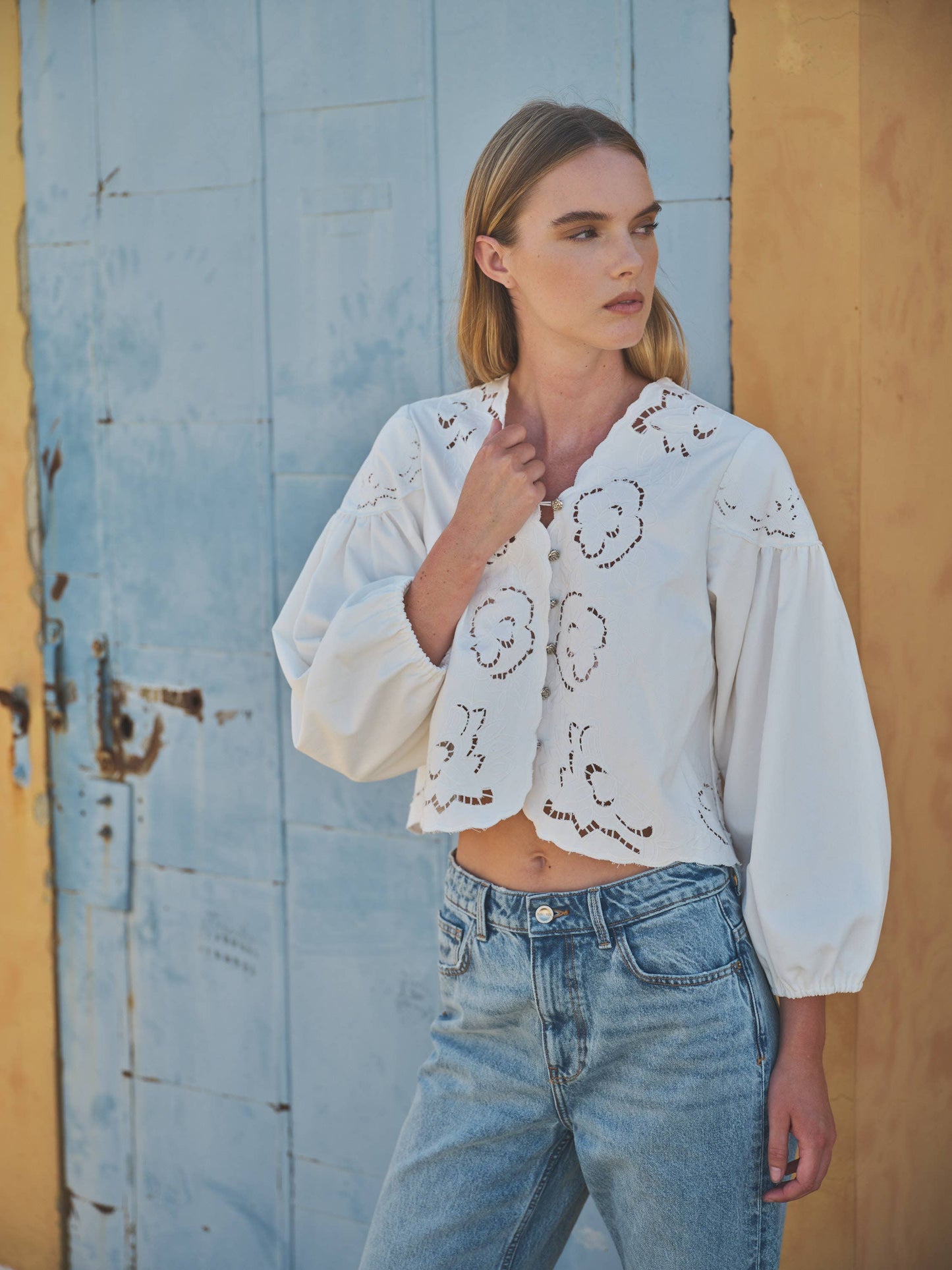 DENIM EMBROIDERY VOLUME SLEEVE BLOUSE TOP